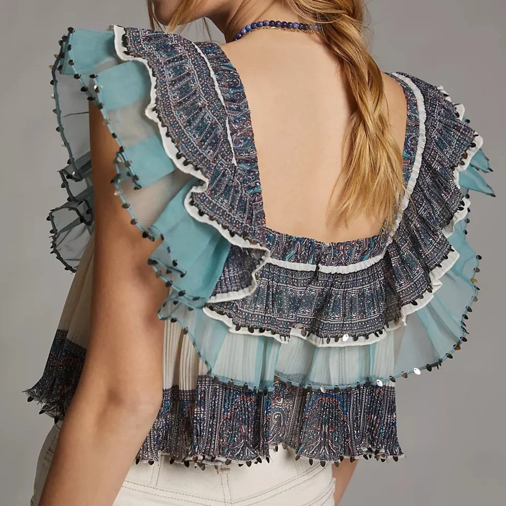 Anthropologie Let Me Be Camilla Blue Cream Ruffled Blouse - Picture 9 of 9